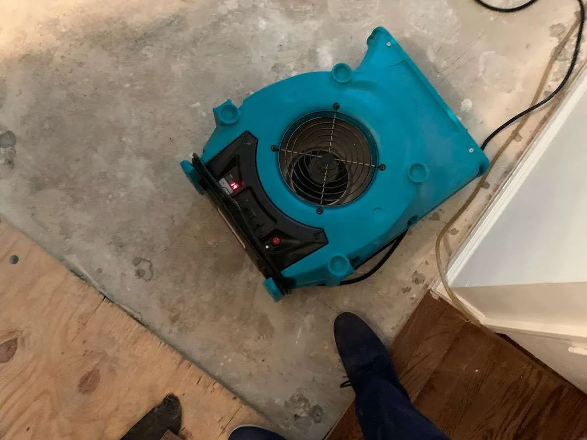 Air mover drying subfloor during Leak Detection & Repair in Contra Costa Centre